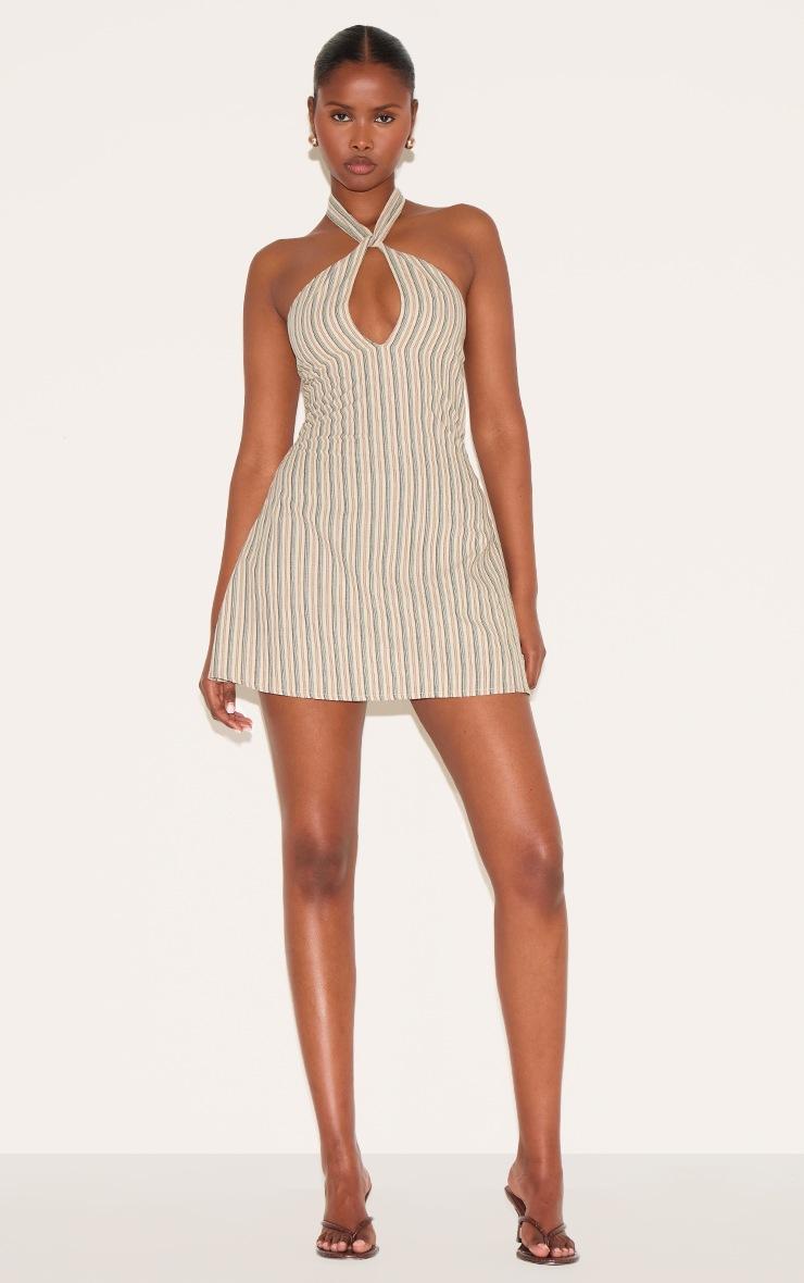 Pretty Little Thing Stone Striped Halterneck Shift Dress