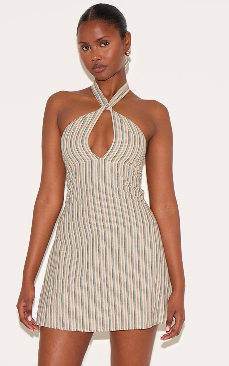 Pretty Little Thing Stone Striped Halterneck Shift Dress