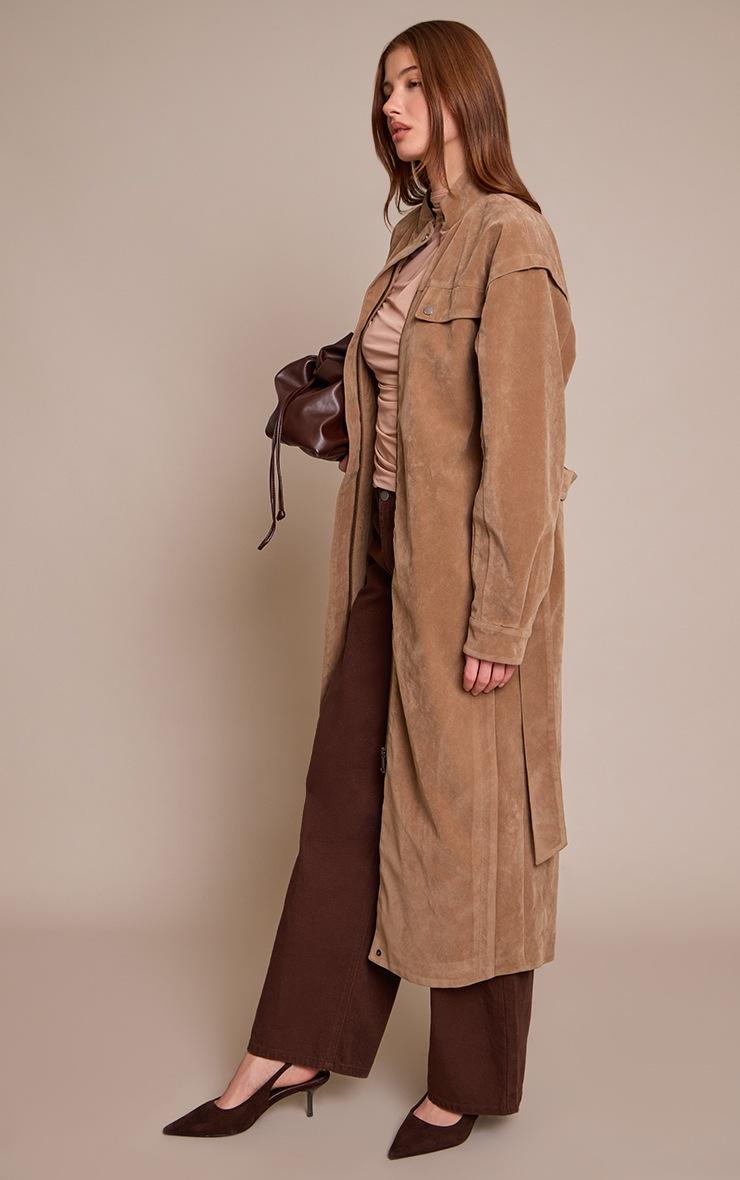 Pretty Little Thing Stone Suede Belted Drop Waist Trench