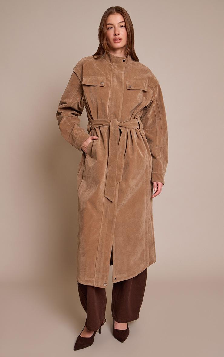 Pretty Little Thing Stone Suede Belted Drop Waist Trench