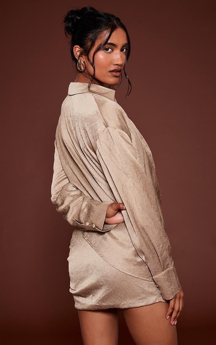 Pretty Little Thing Stone Textured Satin Plunge Shirt