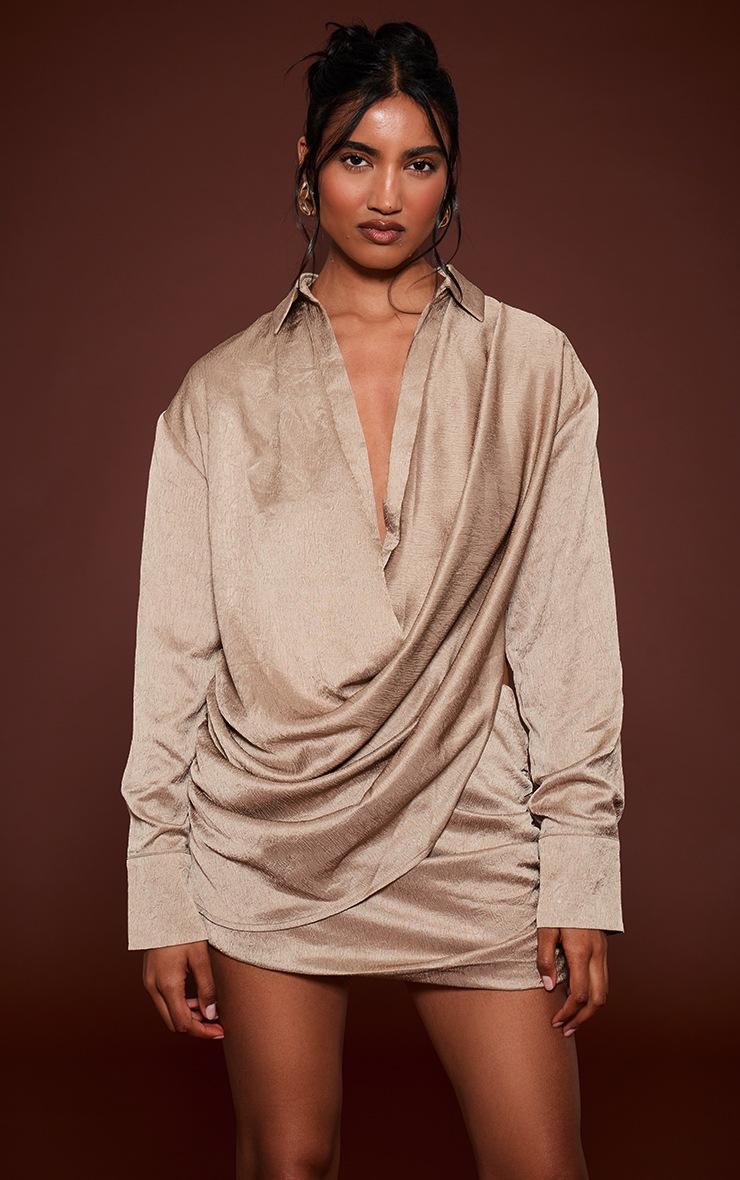 Pretty Little Thing Stone Textured Satin Plunge Shirt