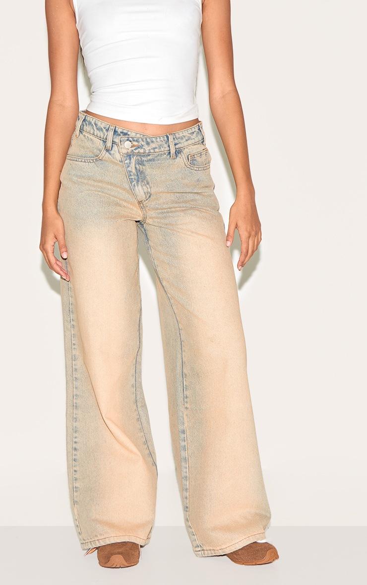 Pretty Little Thing Stone Washed Asymmetrical Waistband Wide Leg Jeans