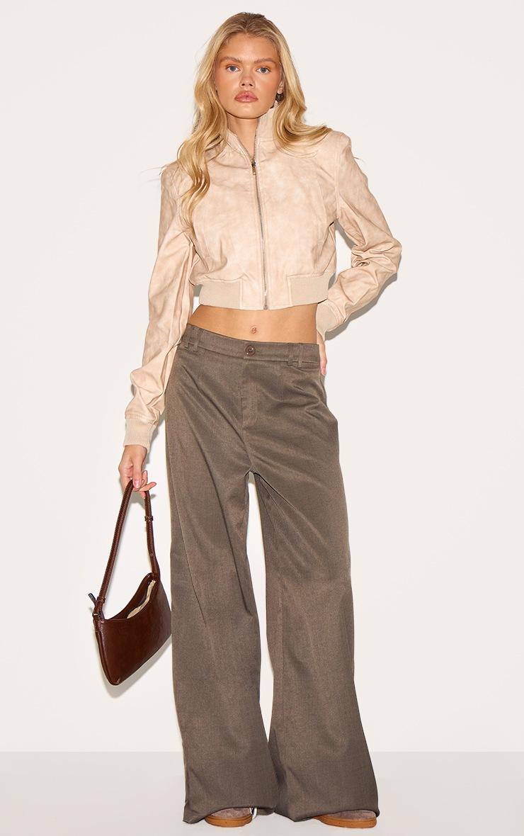 Pretty Little Thing Stone Washed Faux Leather Cropped High Neck Shoulder Padded Bomber Jacket