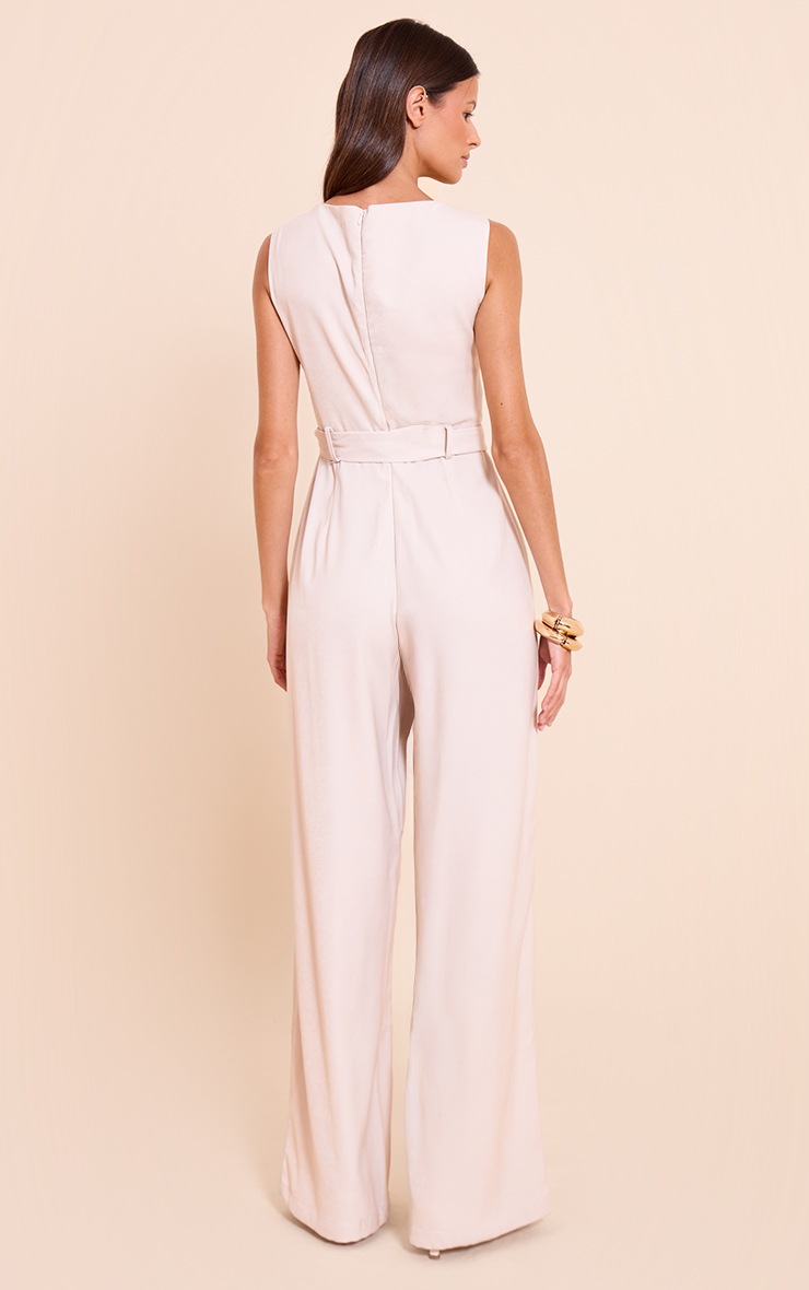 Pretty Little Thing Stone Woven Boat Neck Straight Leg Jumpsuit