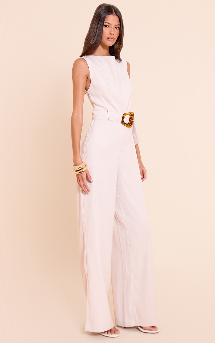 Pretty Little Thing Stone Woven Boat Neck Straight Leg Jumpsuit