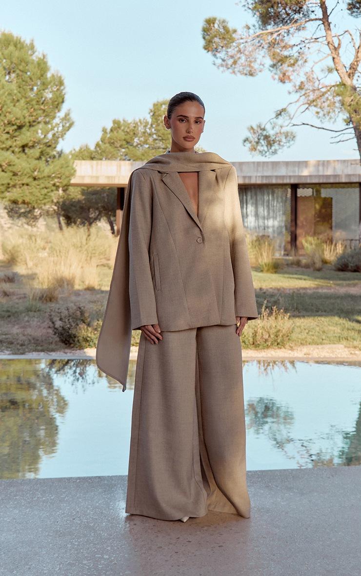 Pretty Little Thing Stone Woven Drape Scarf Detail Oversized Blazer