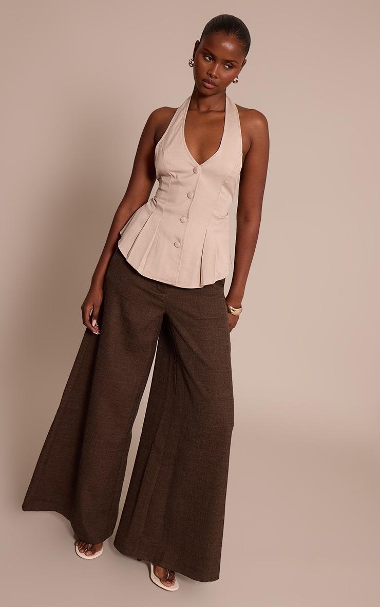 Pretty Little Thing Stone Woven Halterneck Button Down Vest