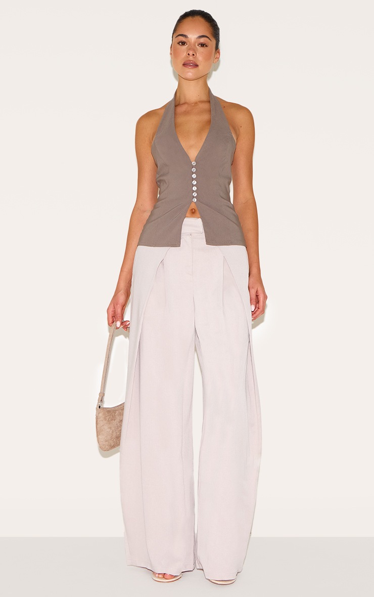 Pretty Little Thing Stone Woven Pleat Detail Wide Leg Tailored Pants