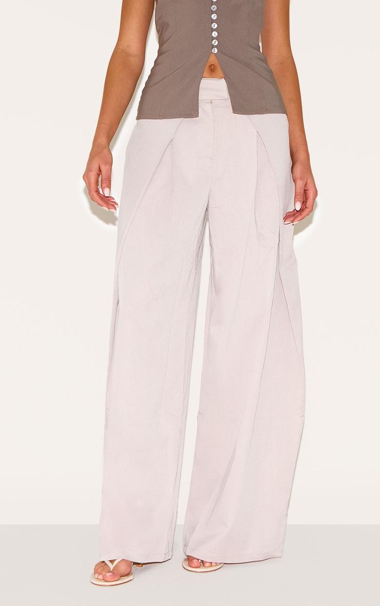 Pretty Little Thing Stone Woven Pleat Detail Wide Leg Tailored Pants