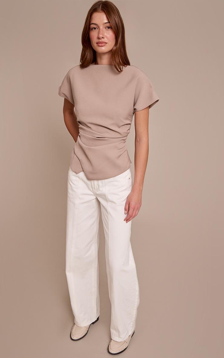 Pretty Little Thing Stone Woven Ruched Cinched Waist Top