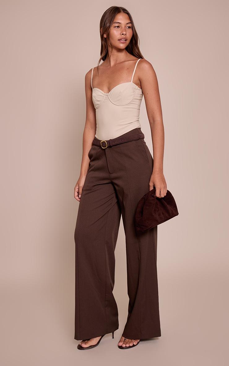 Pretty Little Thing Stone Woven Stretch Strappy Bodysuit