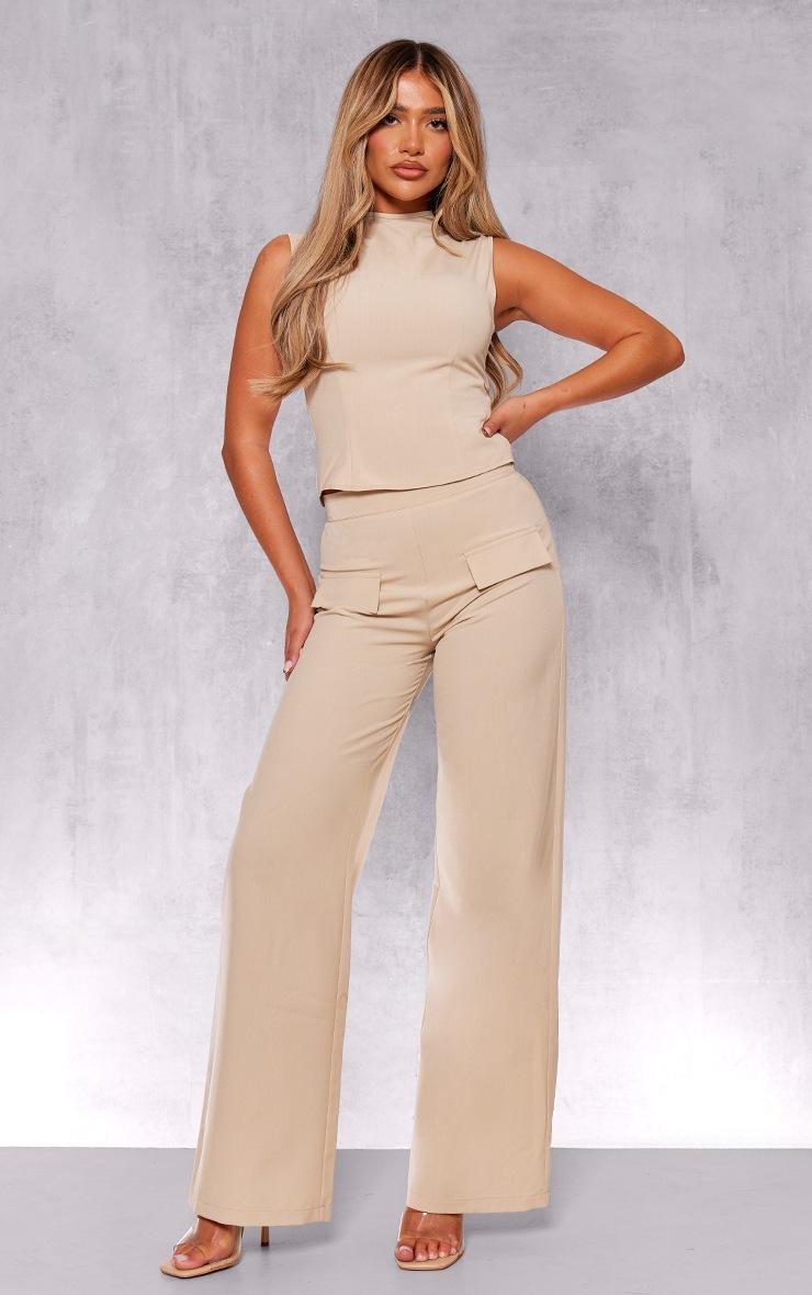 Pretty Little Thing Stone Woven Tailored Zip Up Longline Top