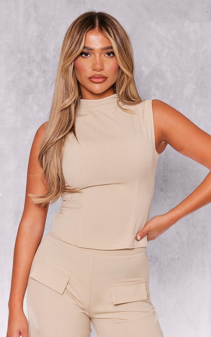 Pretty Little Thing Stone Woven Tailored Zip Up Longline Top