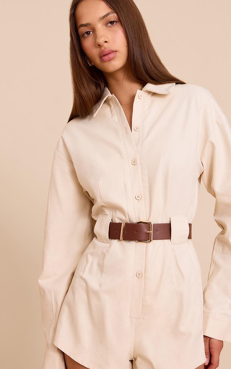 Pretty Little Thing Stone Woven Utility Belted Romper