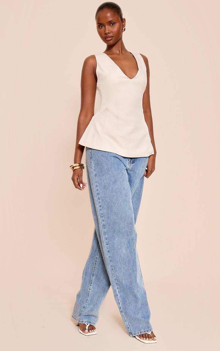 Pretty Little Thing Stone Woven V Neck Longline Top