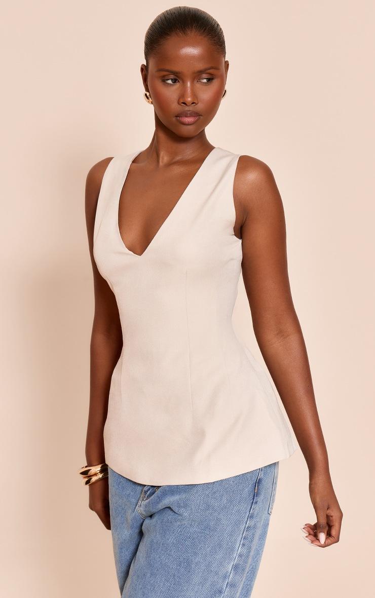 Pretty Little Thing Stone Woven V Neck Longline Top