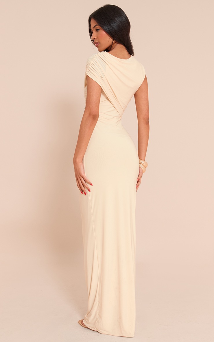 Pretty Little Thing Tall Almond Double Layer Slinky Off Shoulder Drape Maxi Dress
