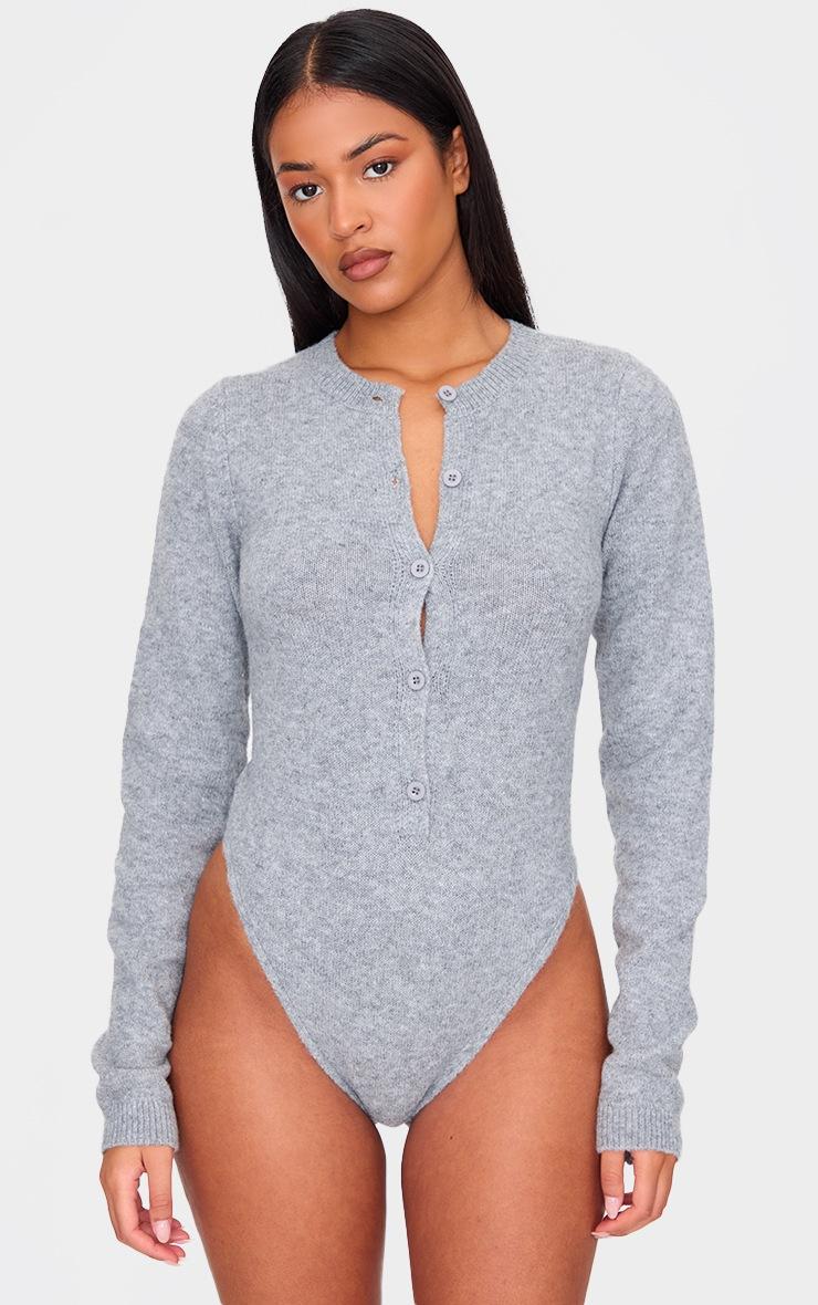 Pretty Little Thing Tall Ash Grey Soft Knit Button Up Bodysuit