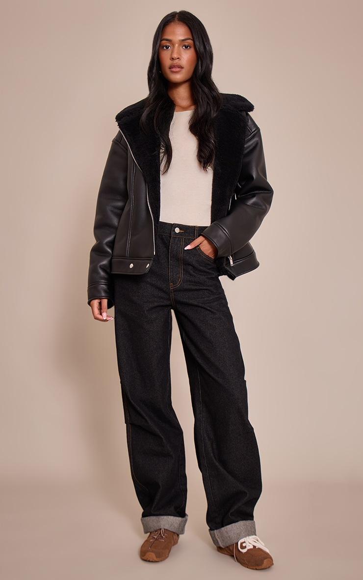 Pretty Little Thing Tall Black Borg Collar Faux Leather Aviator