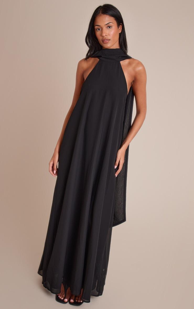 Pretty Little Thing Tall Black Chiffon High Neck Scarf Detail Maxi Dress