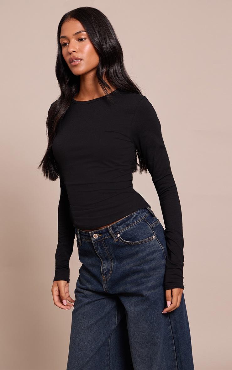 Pretty Little Thing Tall Black Crew Neck Cotton Long Sleeve Top