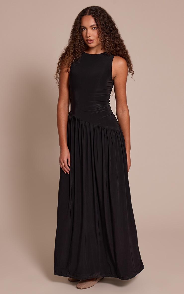 Pretty Little Thing Tall Black Double Layer Soft Touch Asymmetric Dropped Waist Maxi Dress