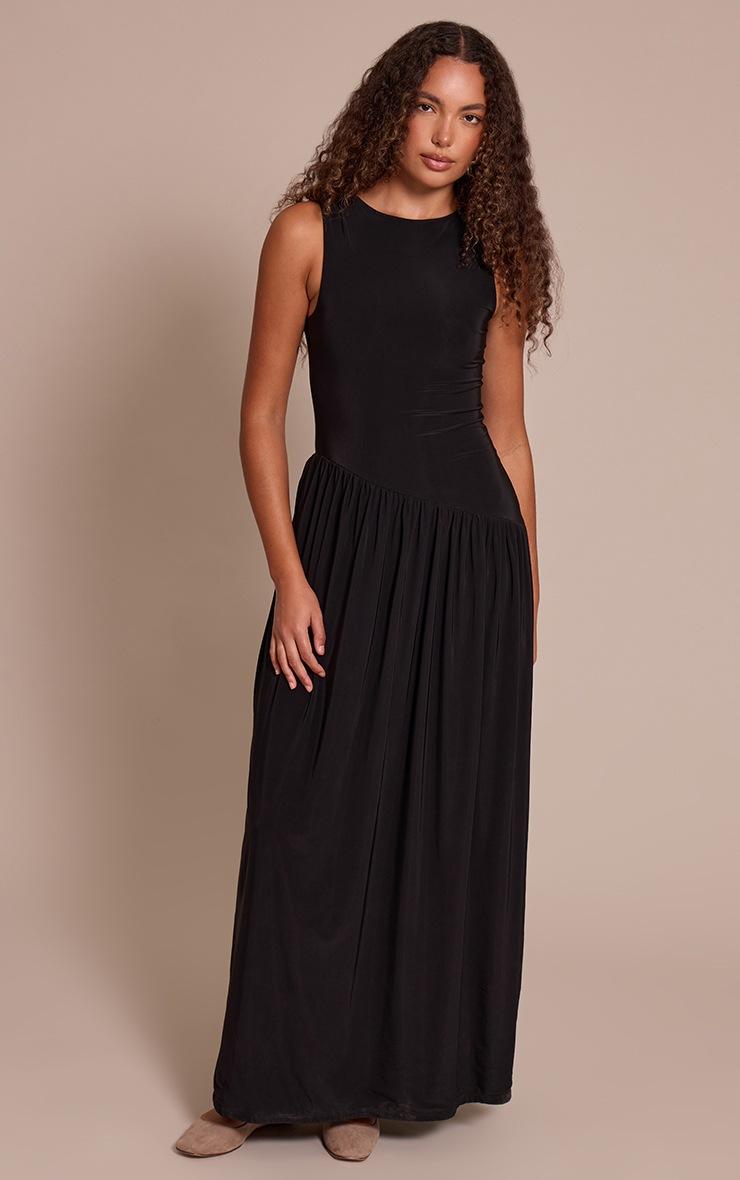 Pretty Little Thing Tall Black Double Layer Soft Touch Asymmetric Dropped Waist Maxi Dress