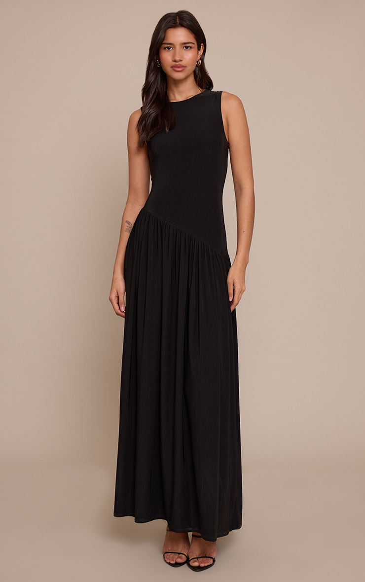 Pretty Little Thing Tall Black Double Layer Soft Touch Asymmetric Maxi Dress
