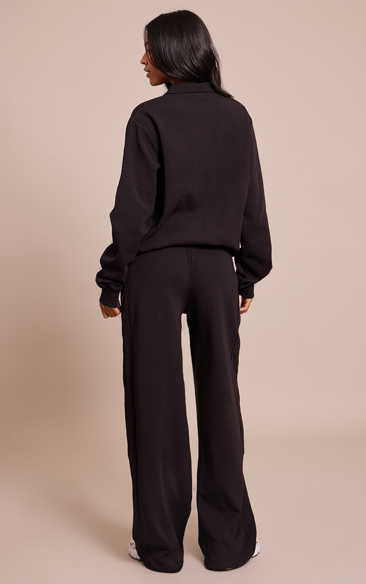 Pretty Little Thing Tall Black Embroidered Interlock Rib Panel Wide Leg Sweatpants