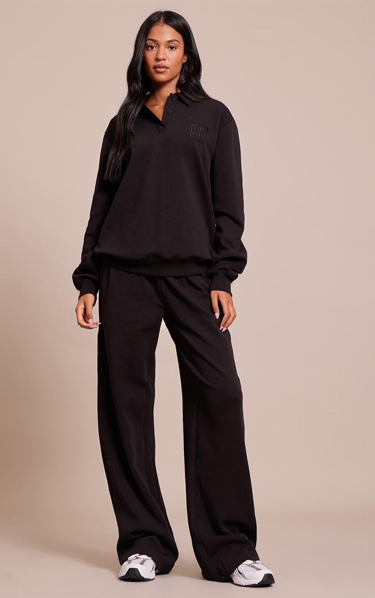 Pretty Little Thing Tall Black Embroidered Interlock Rib Panel Wide Leg Sweatpants