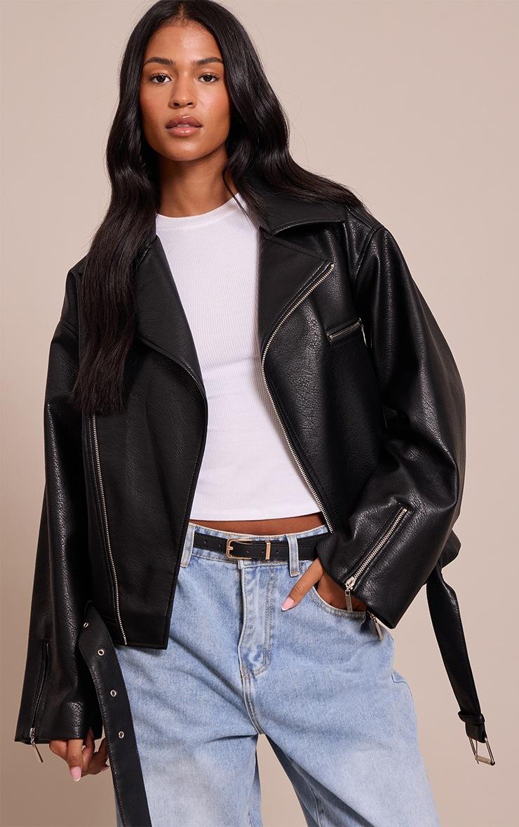 Pretty Little Thing Tall Black Faux Leather Oversized Biker Jacket