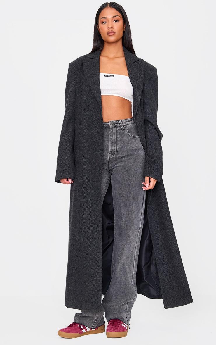 Pretty Little Thing Tall Black Herringbone Self Tie Maxi Coat