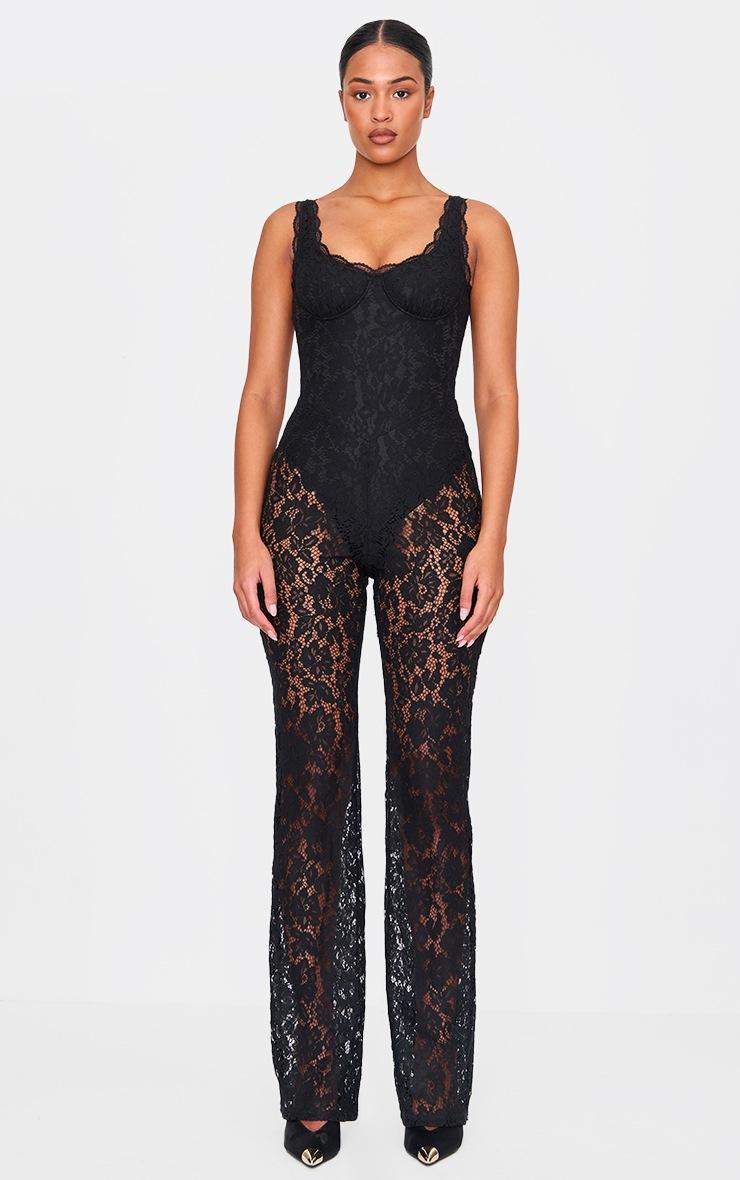 Pretty Little Thing Tall Black Lace Boning Detail Strappy Flared Jumpsuit
