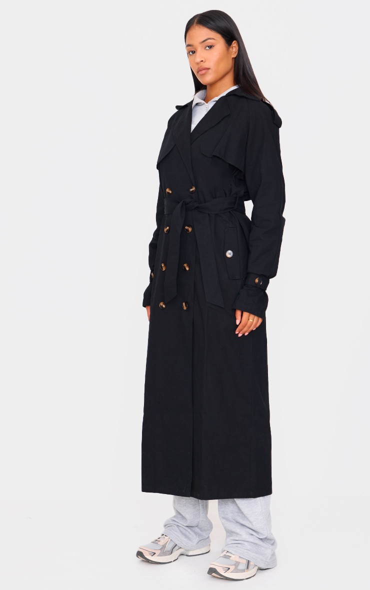 Pretty Little Thing Tall Black Panel Detail Belted Trench Coat