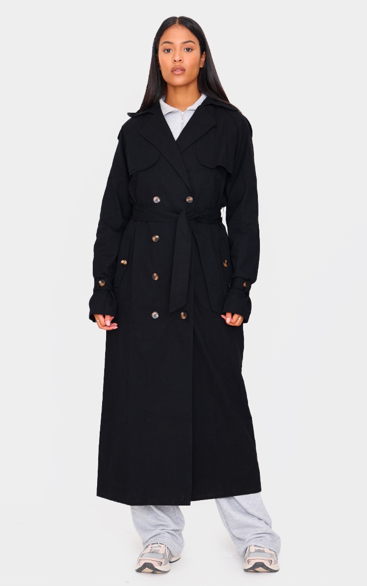 Pretty Little Thing Tall Black Panel Detail Belted Trench Coat