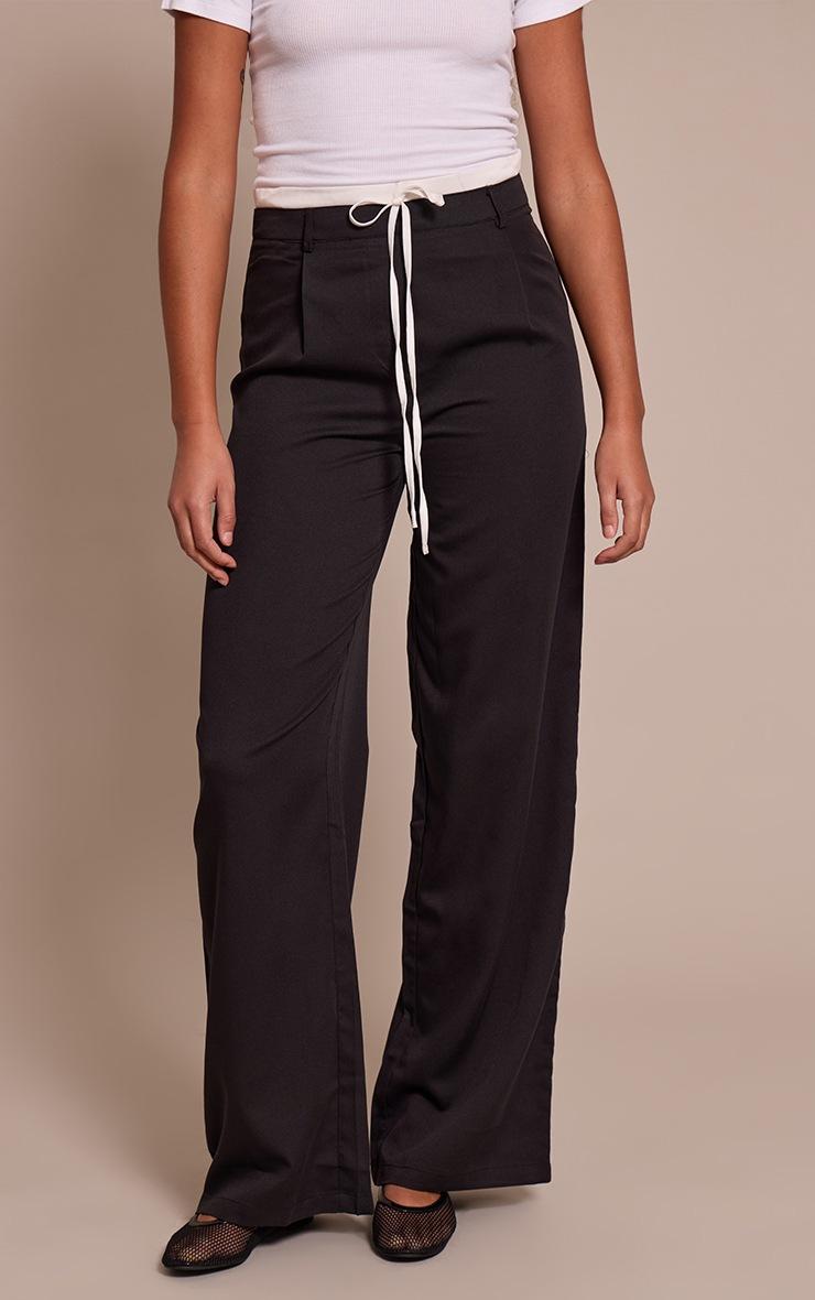 Pretty Little Thing Tall Black Woven Double Waistband Tailored Pants