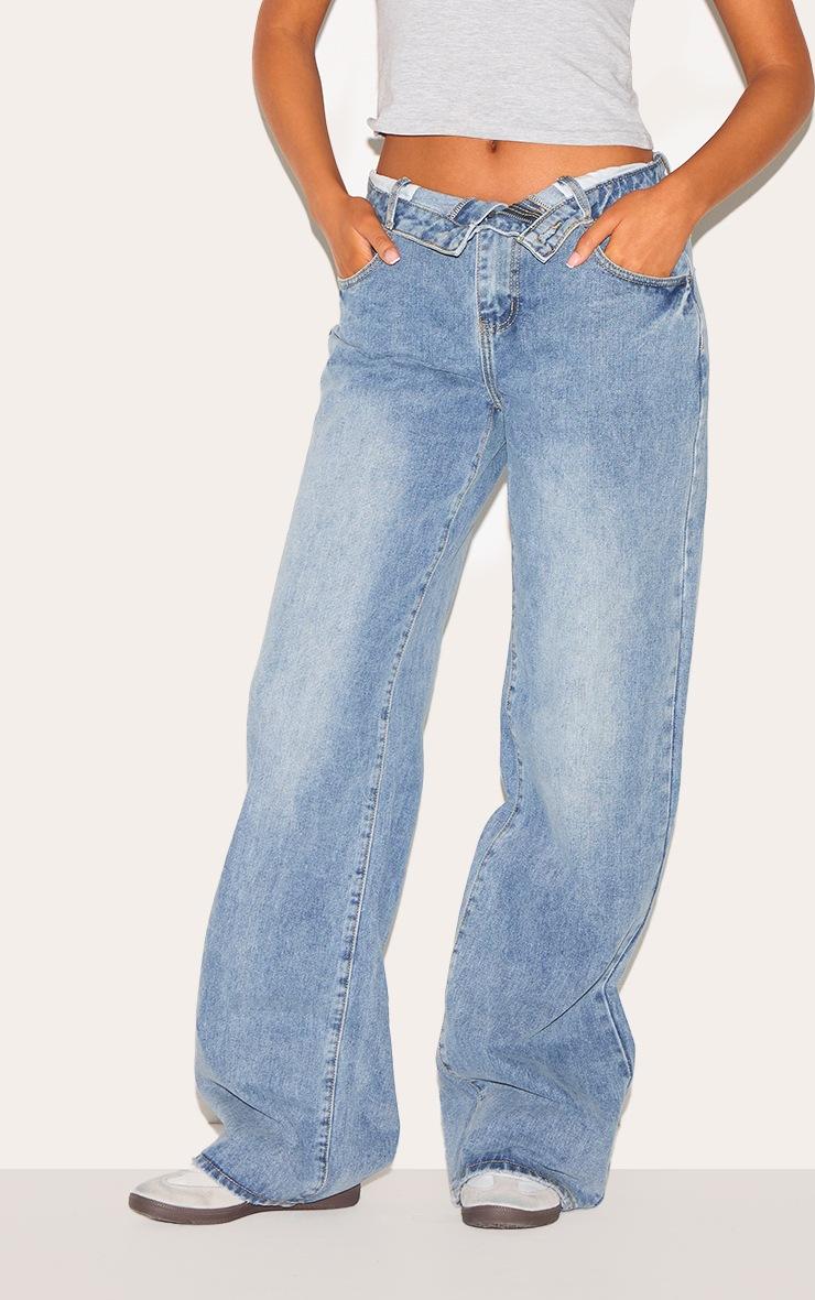 Pretty Little Thing Tall Blue Vintage Wash Foldover Waistband Wide Leg Jeans