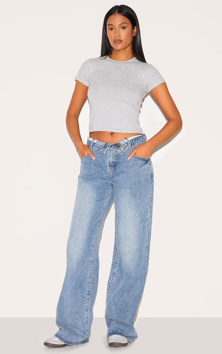 Pretty Little Thing Tall Blue Vintage Wash Foldover Waistband Wide Leg Jeans