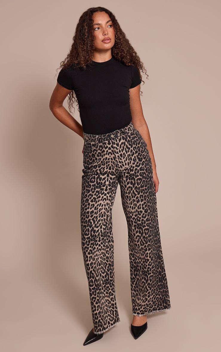 Pretty Little Thing Tall Brown Leopard Print Wide Leg Denim Jeans