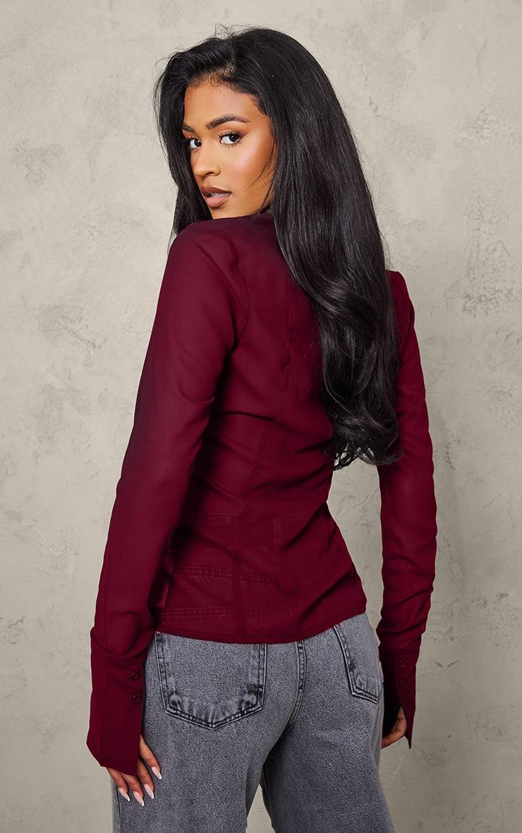 Pretty Little Thing Tall Burgundy Mesh Button Front Blouse