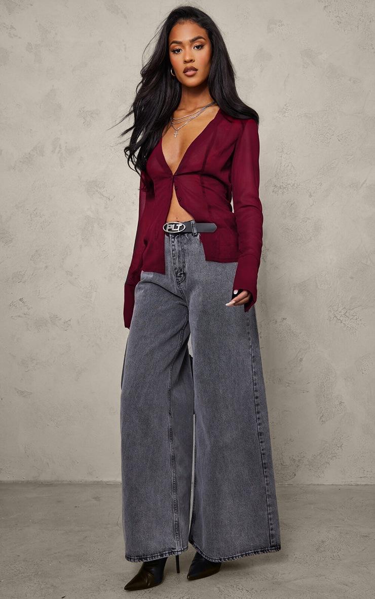 Pretty Little Thing Tall Burgundy Mesh Button Front Blouse