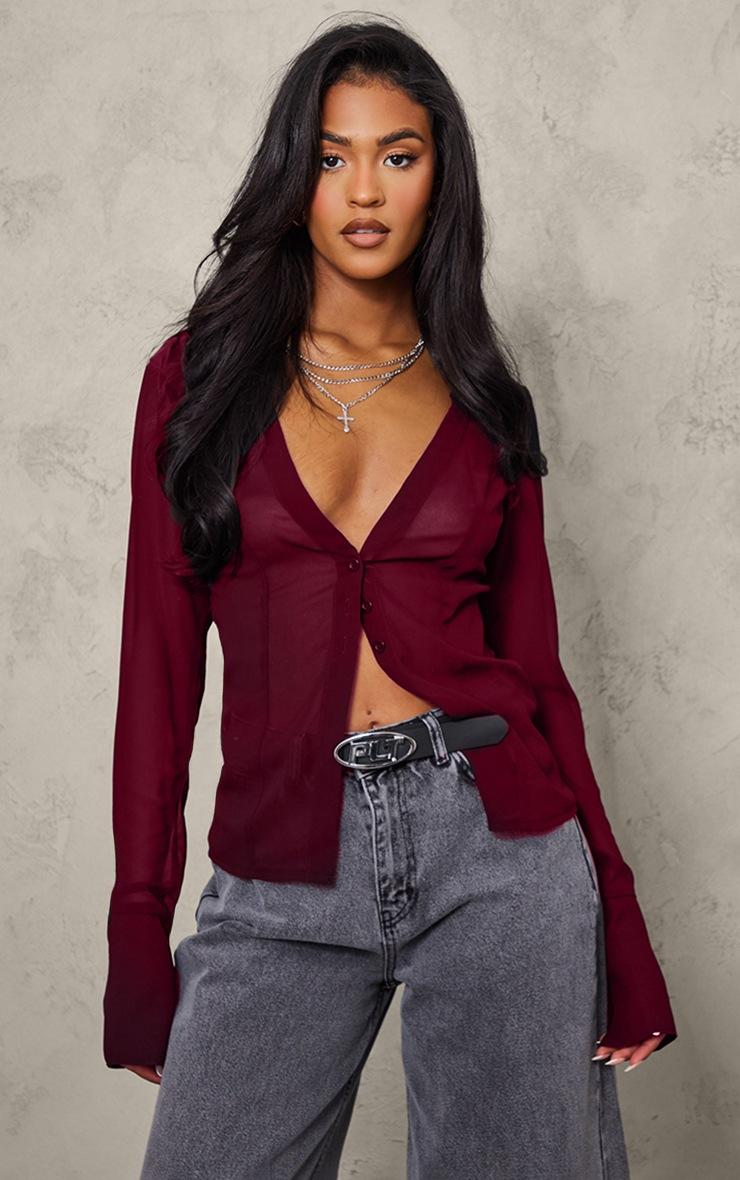 Pretty Little Thing Tall Burgundy Mesh Button Front Blouse