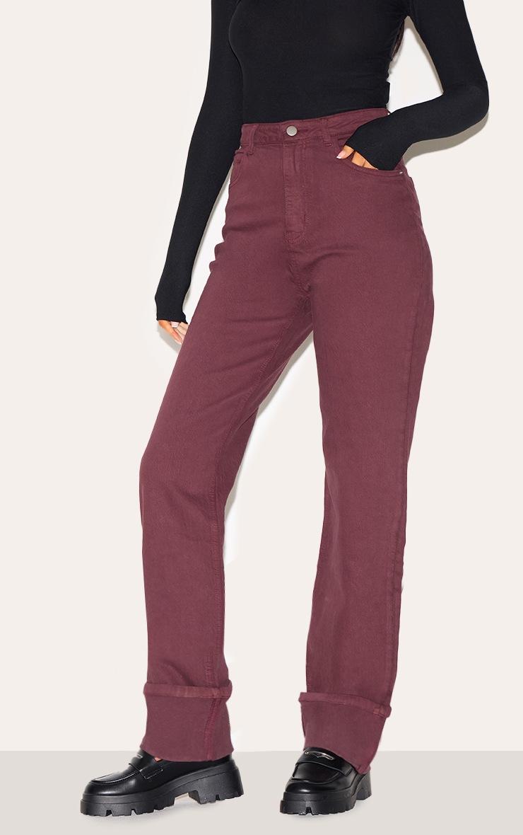 Pretty Little Thing Tall Burgundy Mid Rise Distressed Turn Up Hem Jeans