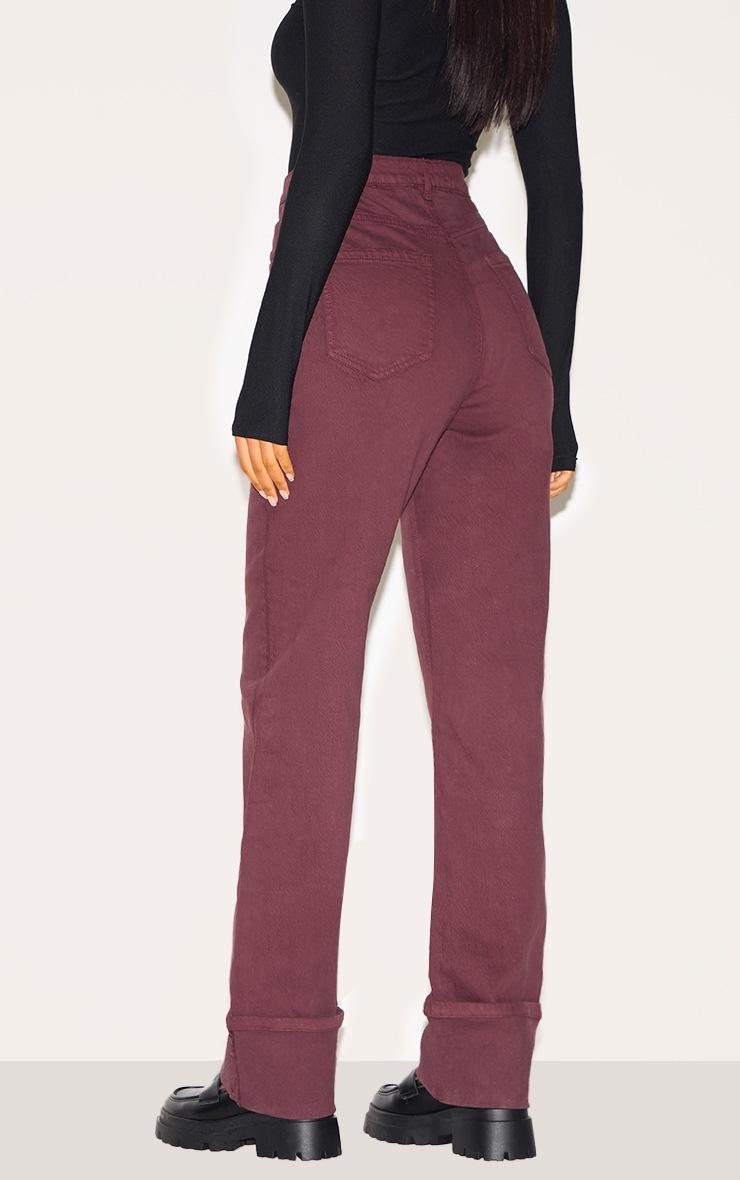 Pretty Little Thing Tall Burgundy Mid Rise Distressed Turn Up Hem Jeans
