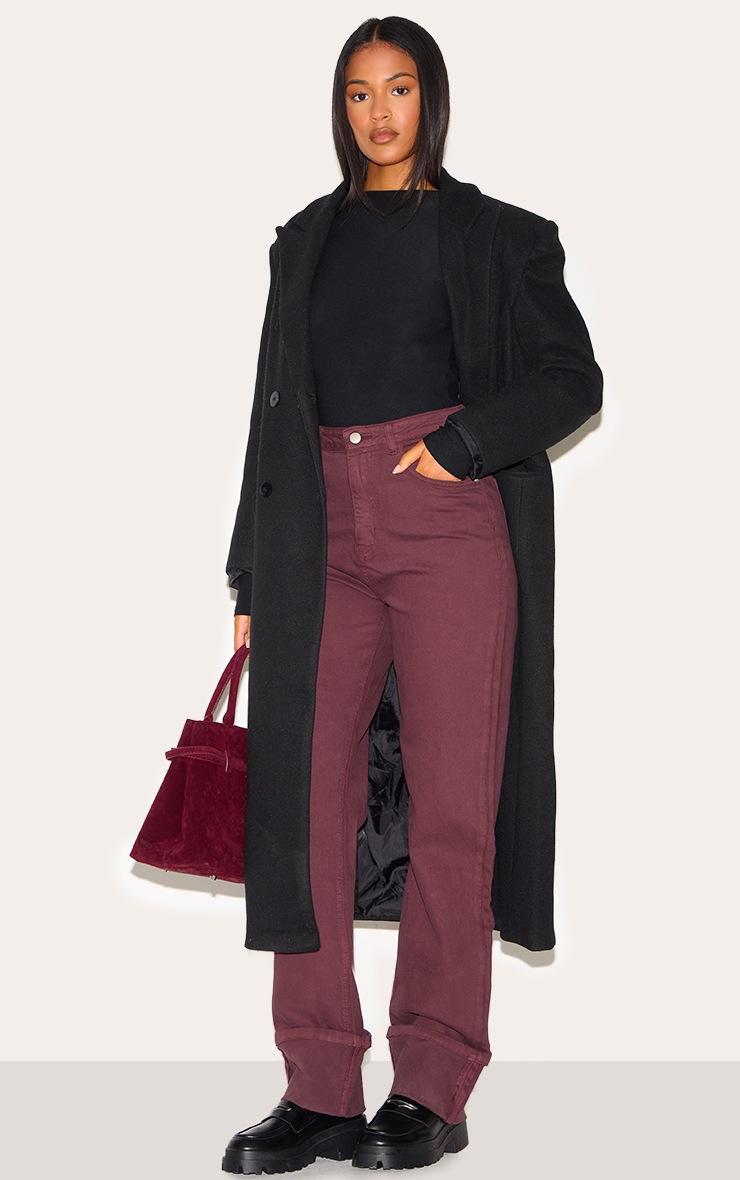 Pretty Little Thing Tall Burgundy Mid Rise Distressed Turn Up Hem Jeans