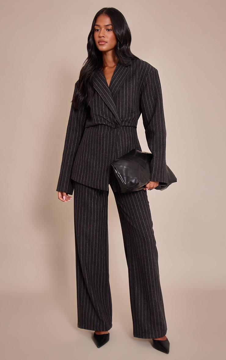 Pretty Little Thing Tall Charcoal Grey Brushed Pinstripe Cinched Waist Blazer