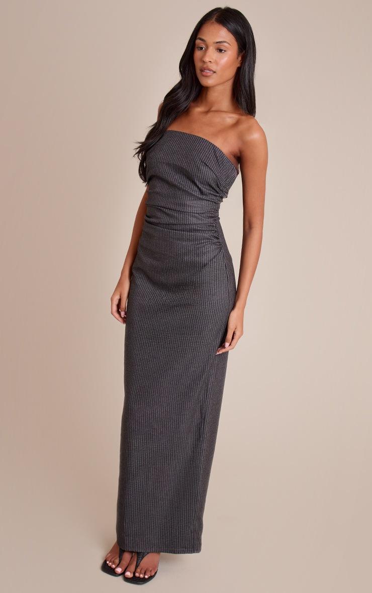 Pretty Little Thing Tall Charcoal Pinstripe Bandeau Ruched Detail Maxi Dress
