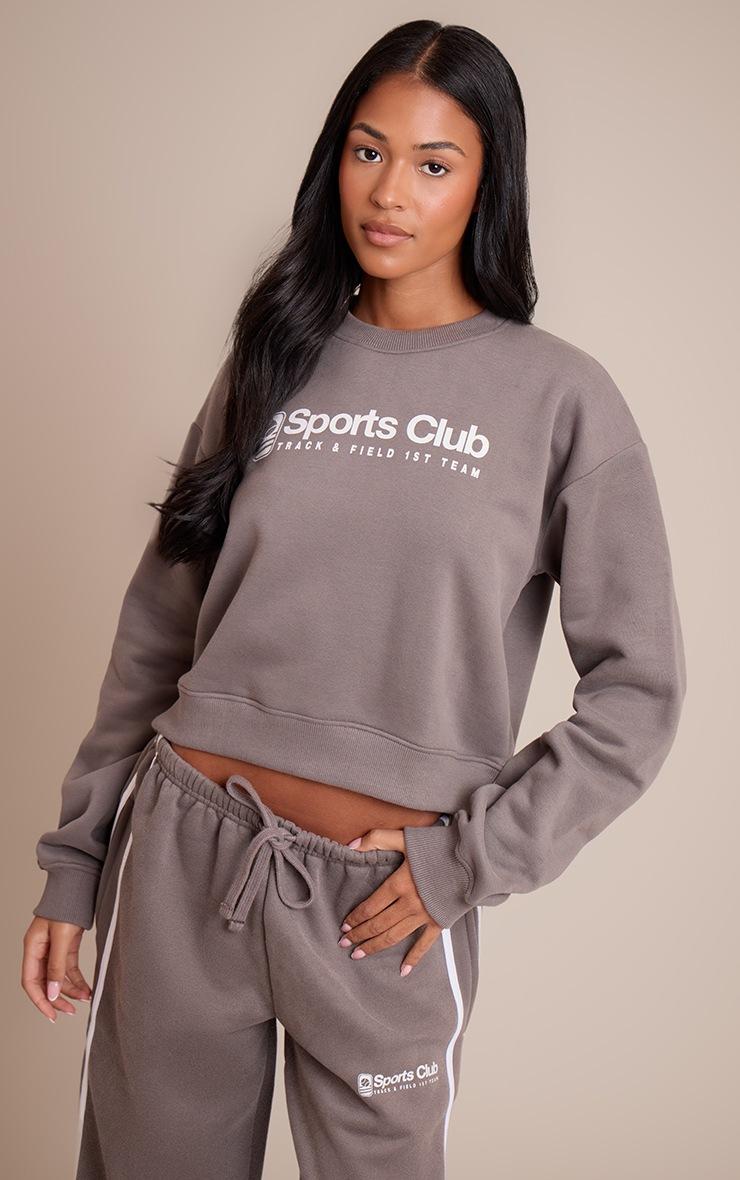 Pretty Little Thing Tall Charcoal Sports Club Print Cropped Sweatshirt