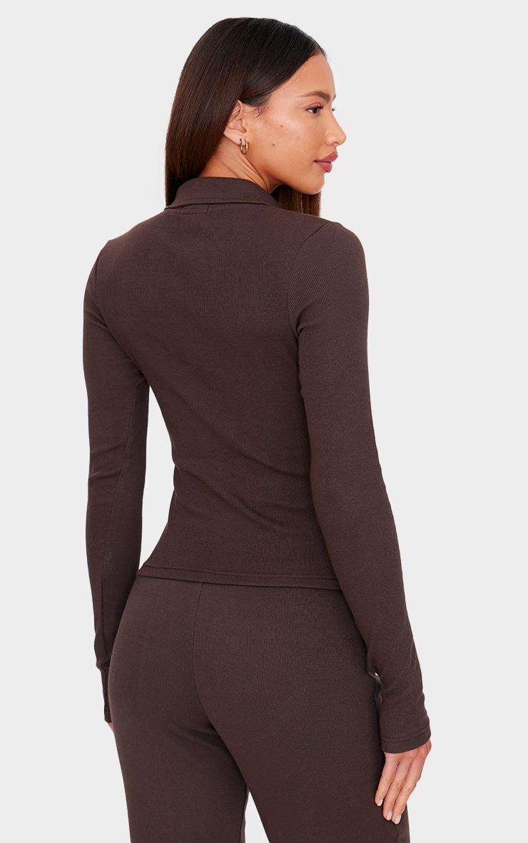 Pretty Little Thing Tall Chocolate Collared Long Sleeve Rib Top